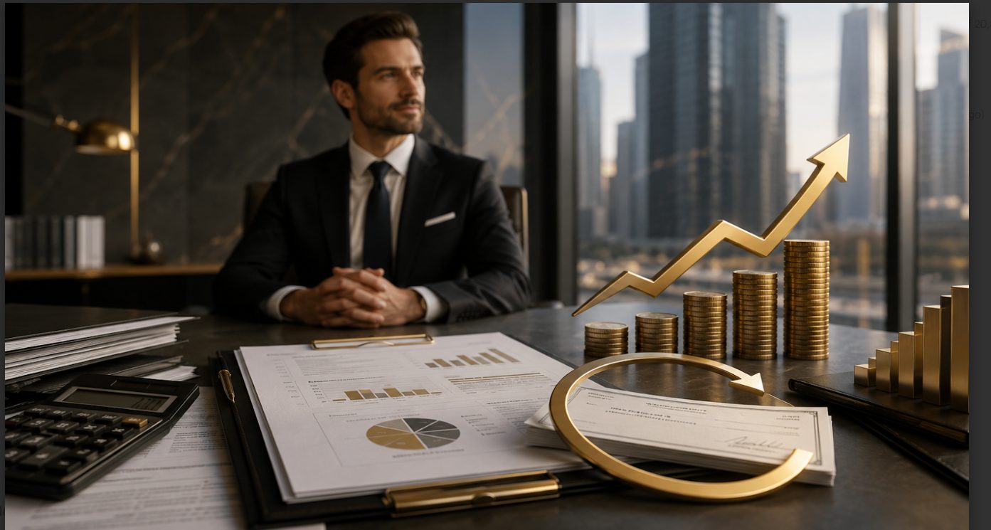 Directivo analizando crecimiento financiero con gráficos y monedas BAS