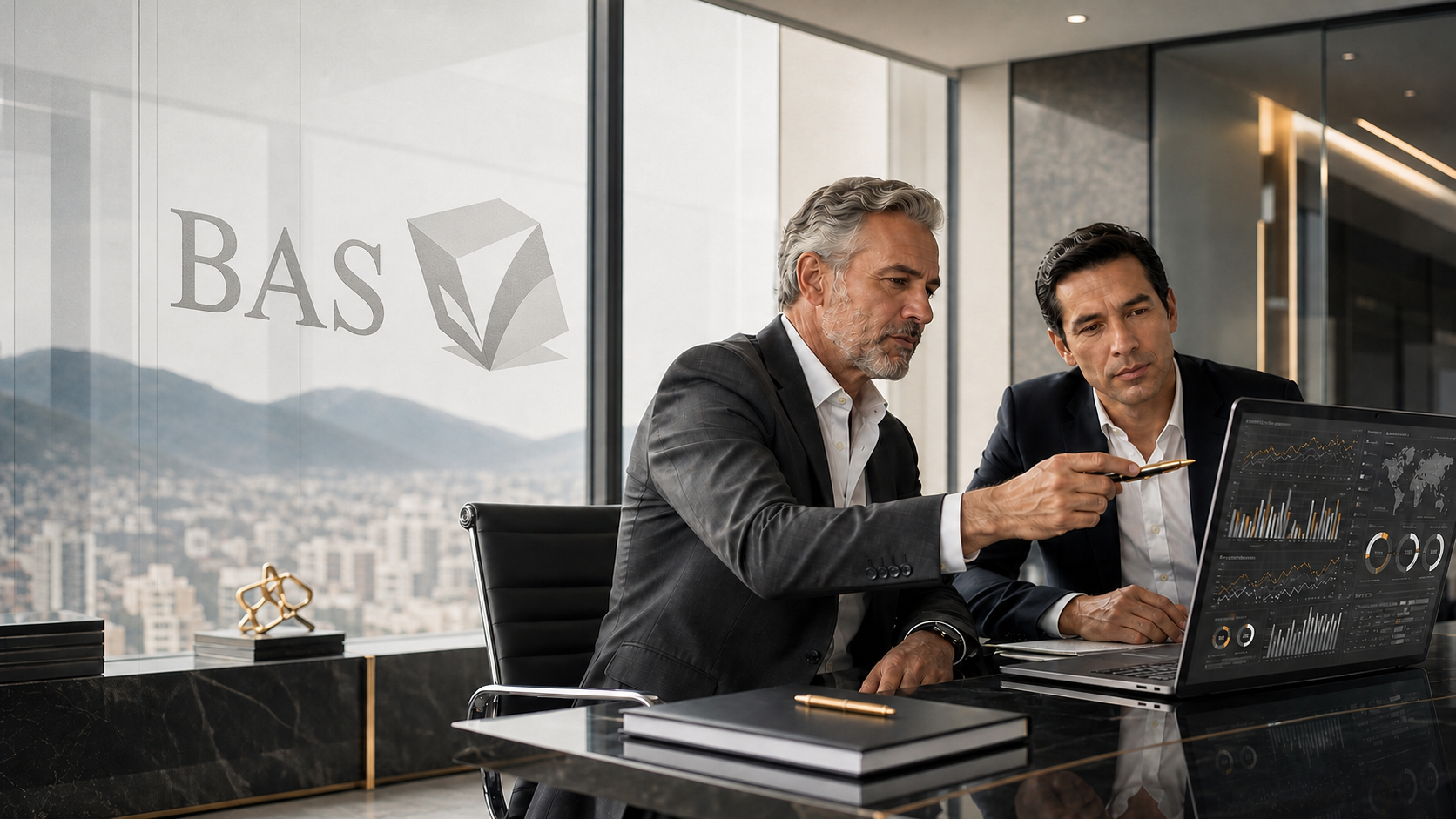 Ejecutivos BAS analizando inteligencia financiera con el logotipo integrado en vidrio corporativo