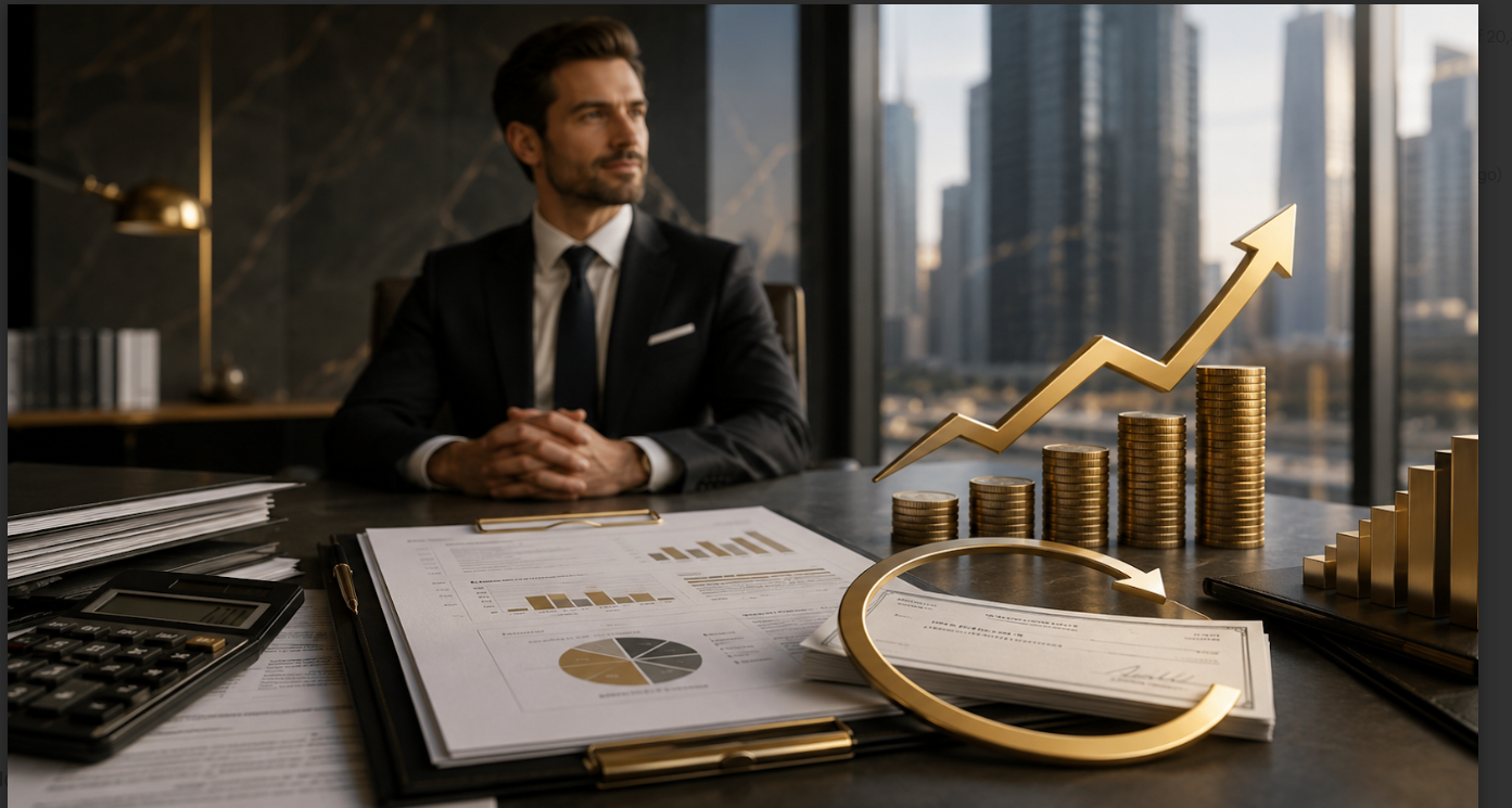 Directivo analizando crecimiento financiero con gráficos y monedas BAS
